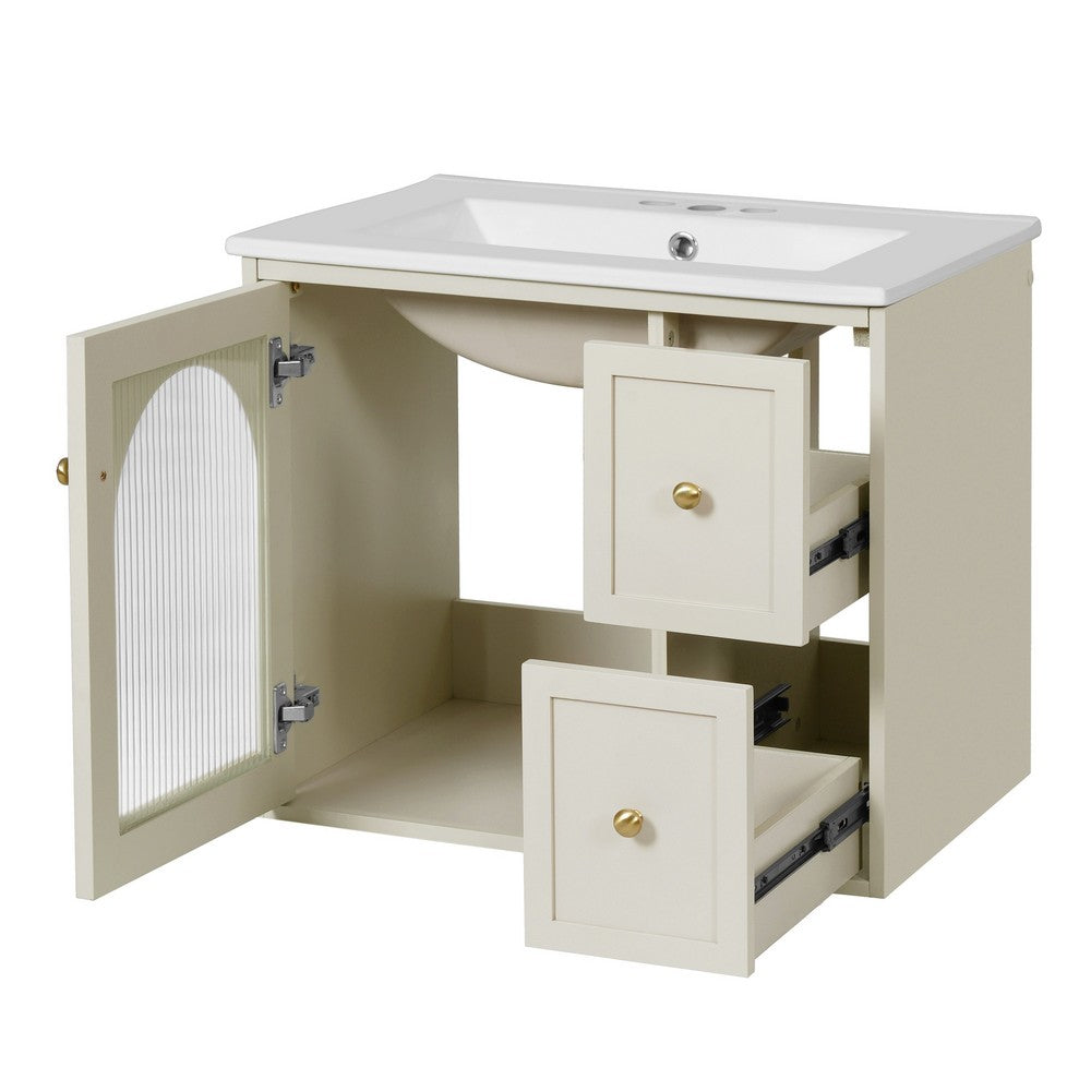 Jacky Wall-Mounted Vanity with Sink | Glass Cabinet Door | Beige Wood 24"