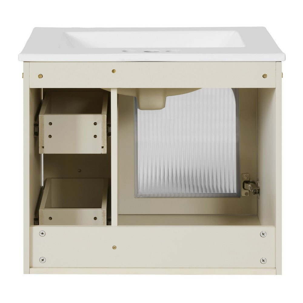 Jacky Wall-Mounted Vanity with Sink | Glass Cabinet Door | Beige Wood 24"
