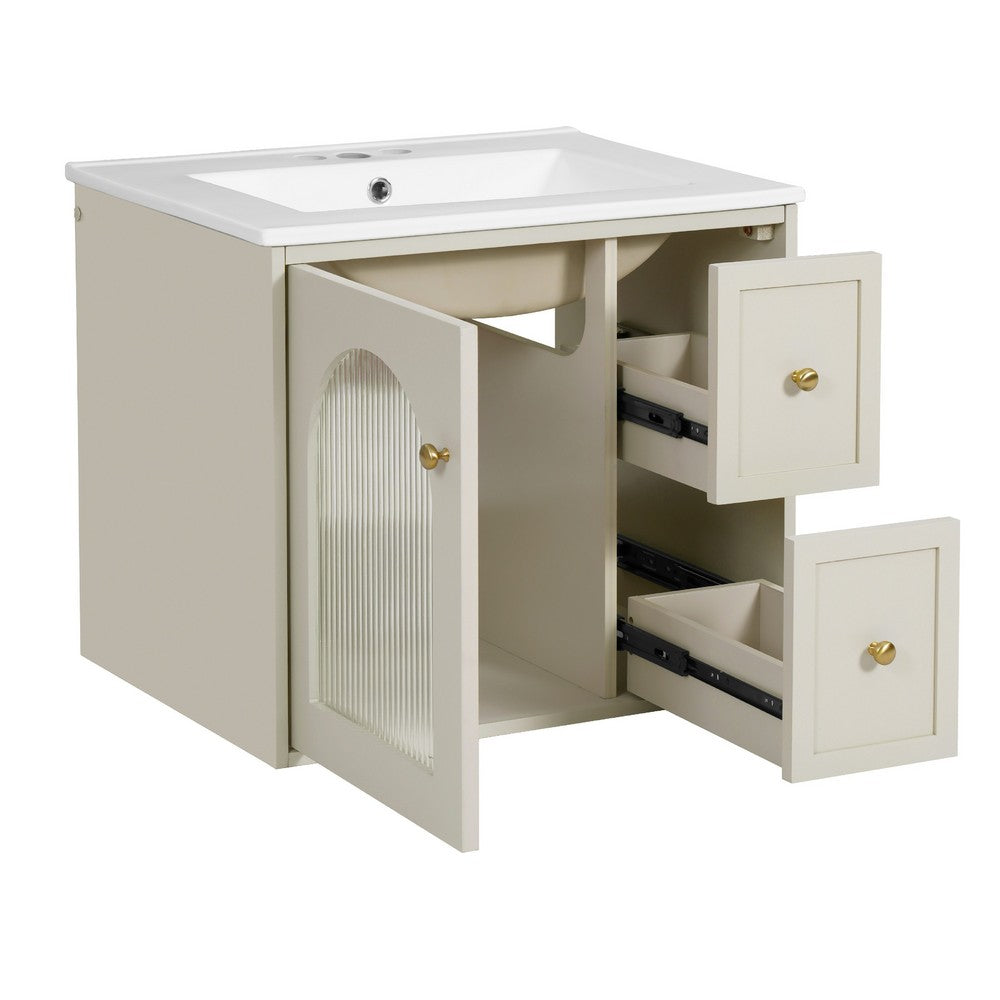 Jacky Wall-Mounted Vanity with Sink | Glass Cabinet Door | Beige Wood 24"
