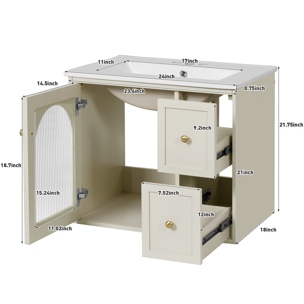 Jacky Wall-Mounted Vanity with Sink | Glass Cabinet Door | Beige Wood 24"