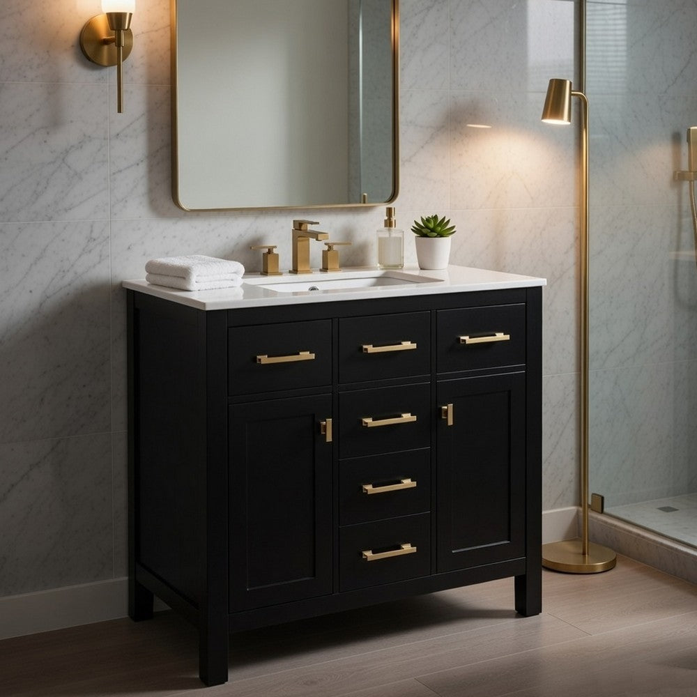Mindy Bathroom Sink Vanity with Cabinet Doors | Gold | Black Wood 36"