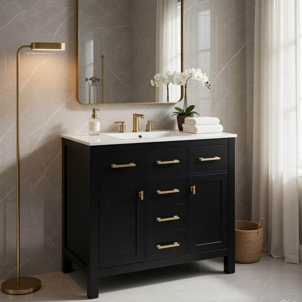 Mindy Bathroom Sink Vanity with Cabinet Doors | Gold | Black Wood 36"