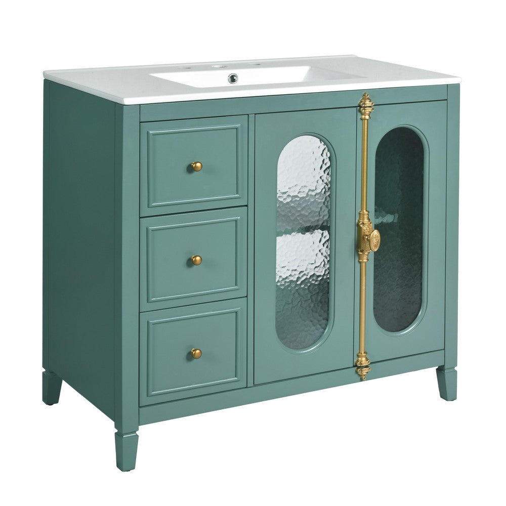Dandy Bathroom Vanity with Glass Cabinet Doors | 3 Drawers | Green 36"