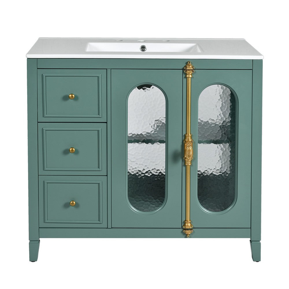 Dandy Bathroom Vanity with Glass Cabinet Doors | 3 Drawers | Green 36"