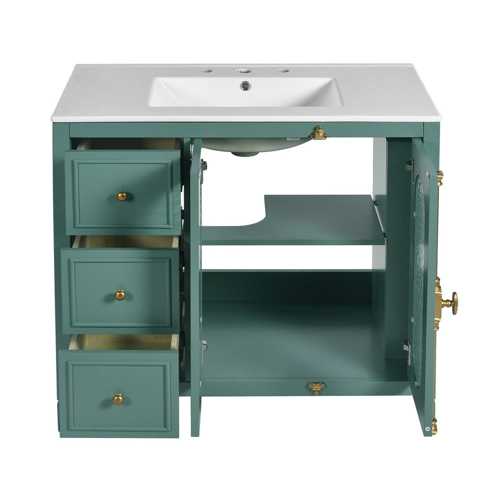 Dandy Bathroom Vanity with Glass Cabinet Doors | 3 Drawers | Green 36"