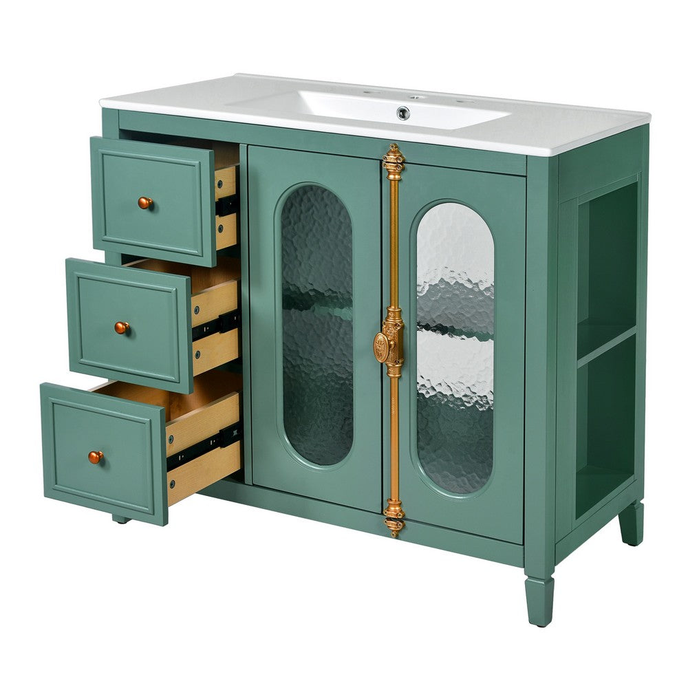 Dandy Bathroom Vanity with Glass Cabinet Doors | 3 Drawers | Green 36"
