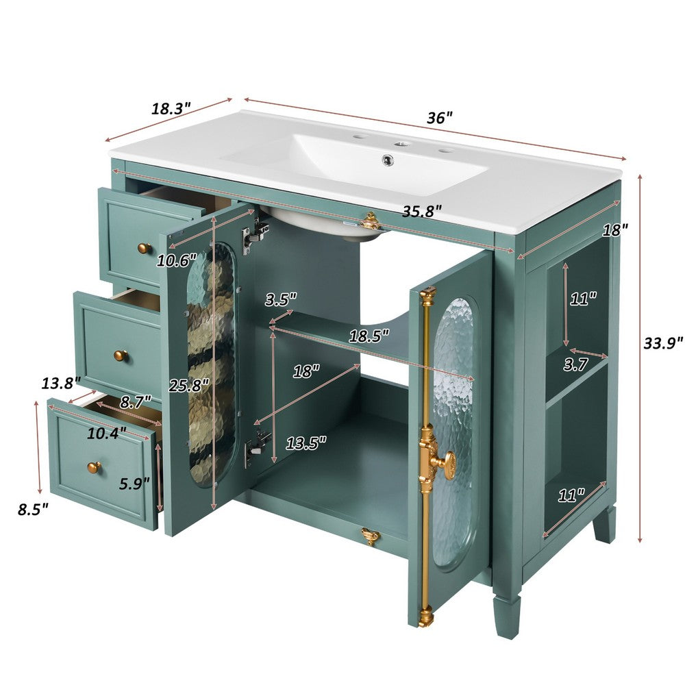 Dandy Bathroom Vanity with Glass Cabinet Doors | 3 Drawers | Green 36"