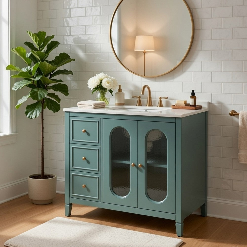 Dandy Bathroom Vanity with Glass Cabinet Doors | 3 Drawers | Green 36"