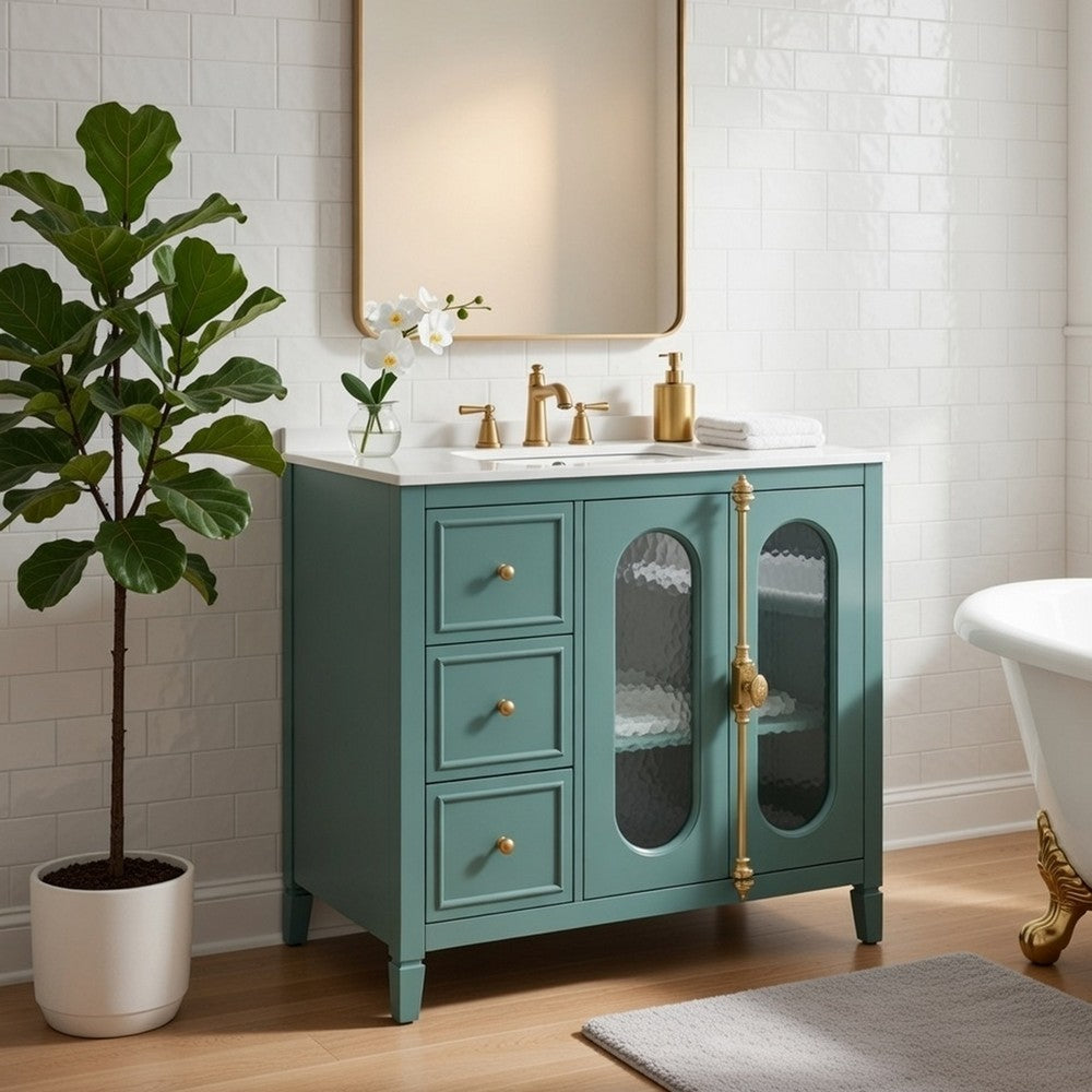 Dandy Bathroom Vanity with Glass Cabinet Doors | 3 Drawers | Green 36"