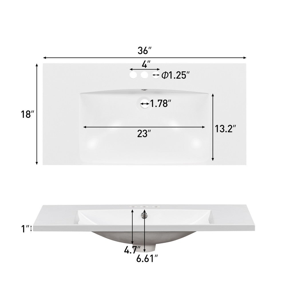 Suzy Sink Top with Basin Faucet Holes for Vanity Counter | White 36"