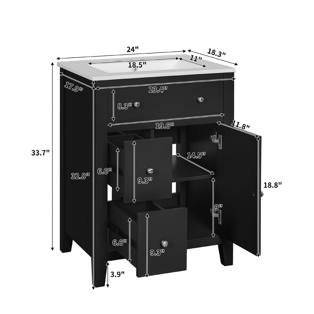Ryla Bathroom Ceramic Basin Vanity | 2 Drawers | 1 Cabinet Door | Black 24"