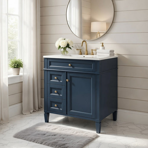 Zake Bathroom Vanity Cabinet with Tip-Out Drawers | Blue Wood 29"
