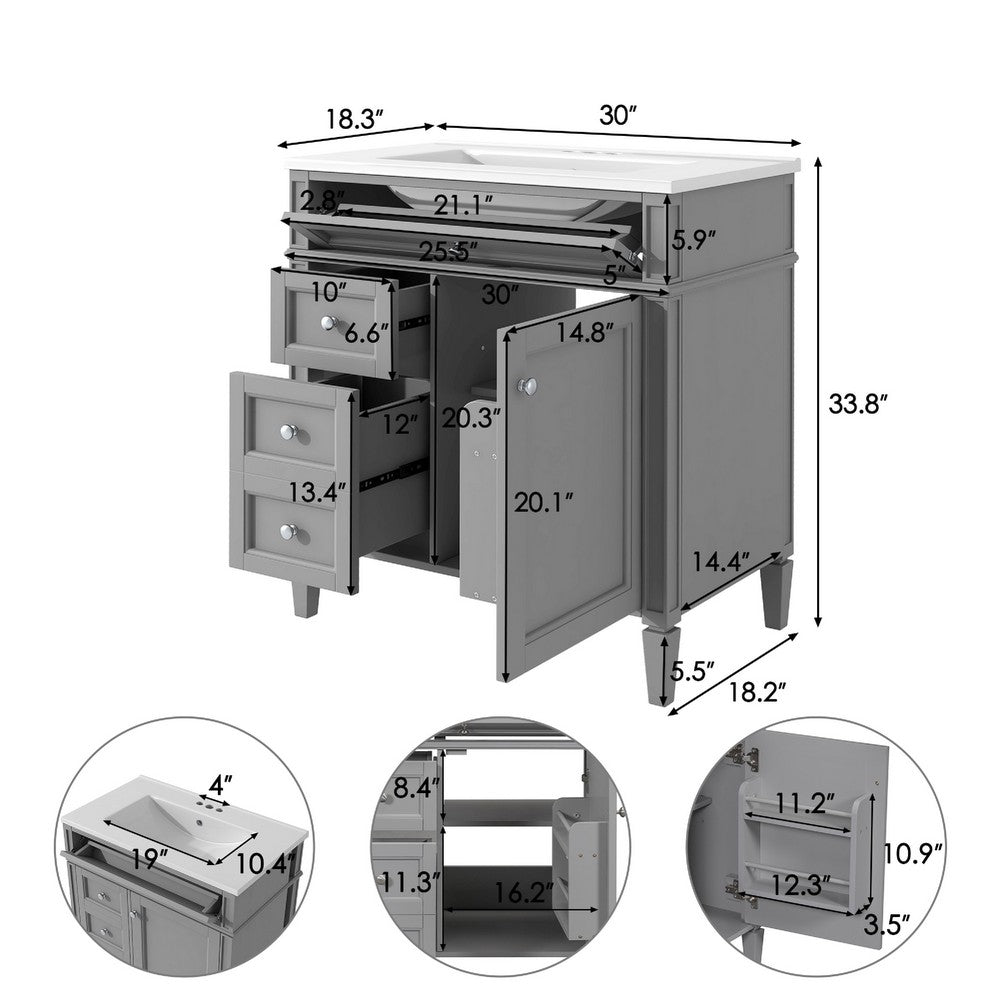Asher Bathroom Vanity | Built In Ceramic Sink | Smart Storage | Gray 30"