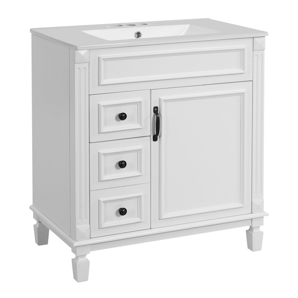 Castor Bathroom Vanity with Ceramic Sink | Drawers & Shelf | White Wood 30"