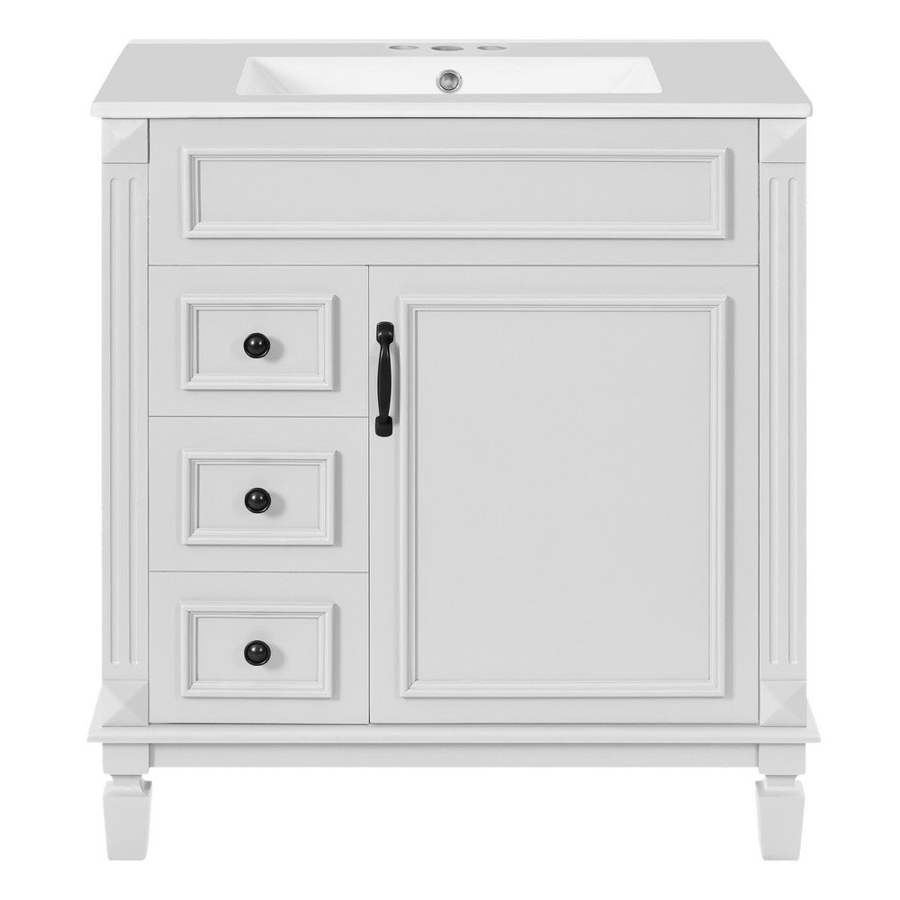 Castor Bathroom Vanity with Ceramic Sink | Drawers & Shelf | White Wood 30"
