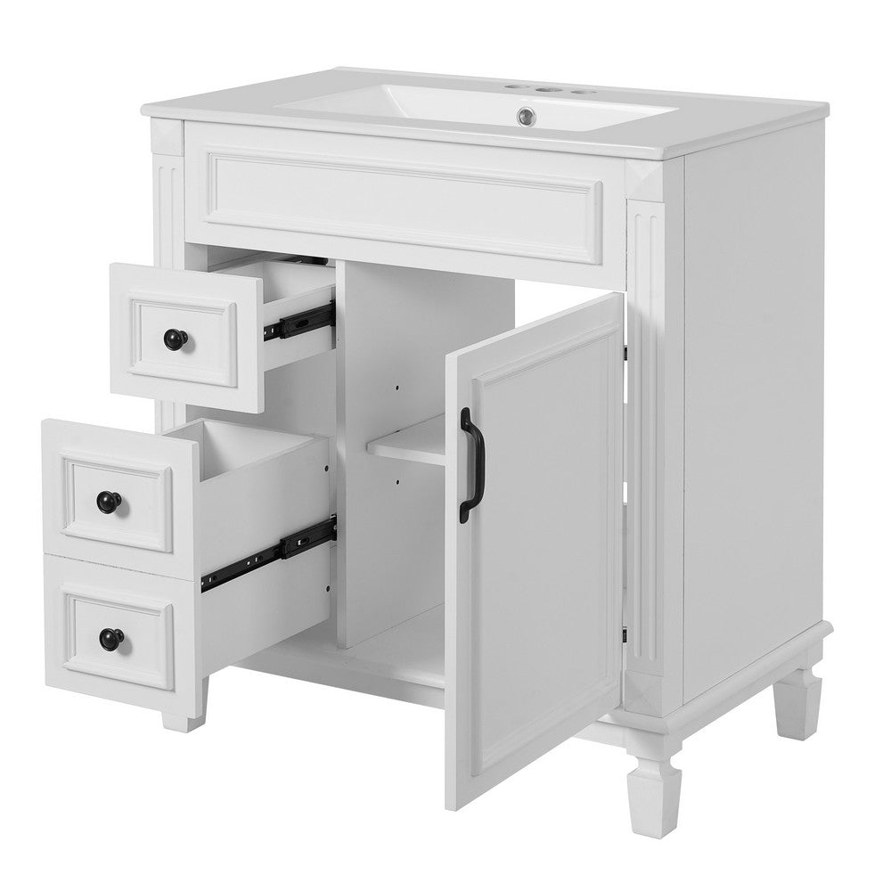 Castor Bathroom Vanity with Ceramic Sink | Drawers & Shelf | White Wood 30"