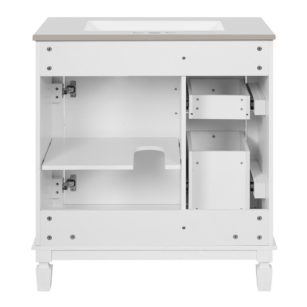 Castor Bathroom Vanity with Ceramic Sink | Drawers & Shelf | White Wood 30"