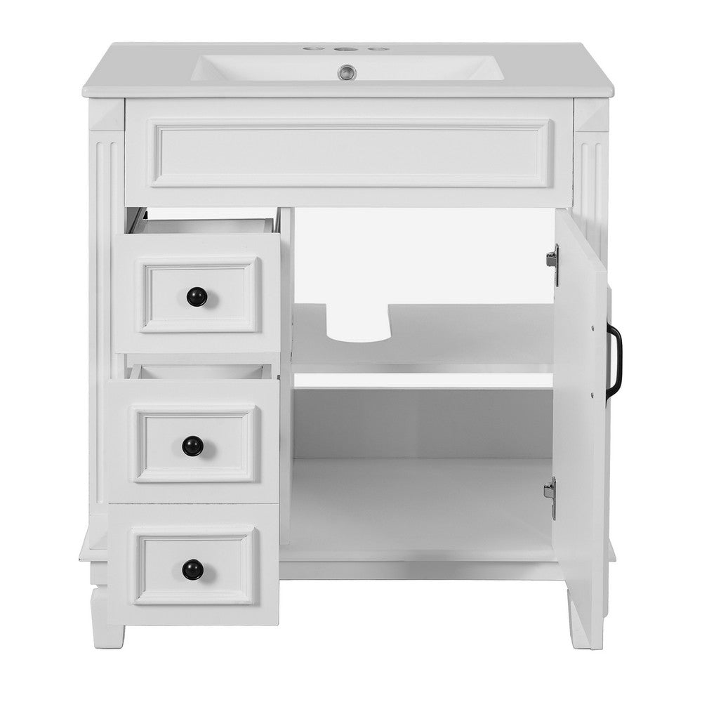 Castor Bathroom Vanity with Ceramic Sink | Drawers & Shelf | White Wood 30"