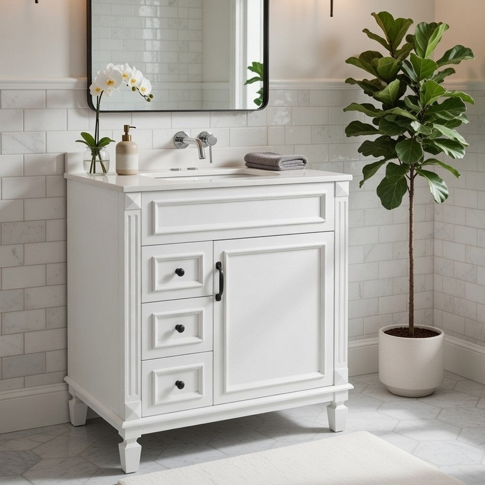 Castor Bathroom Vanity with Ceramic Sink | Drawers & Shelf | White Wood 30"