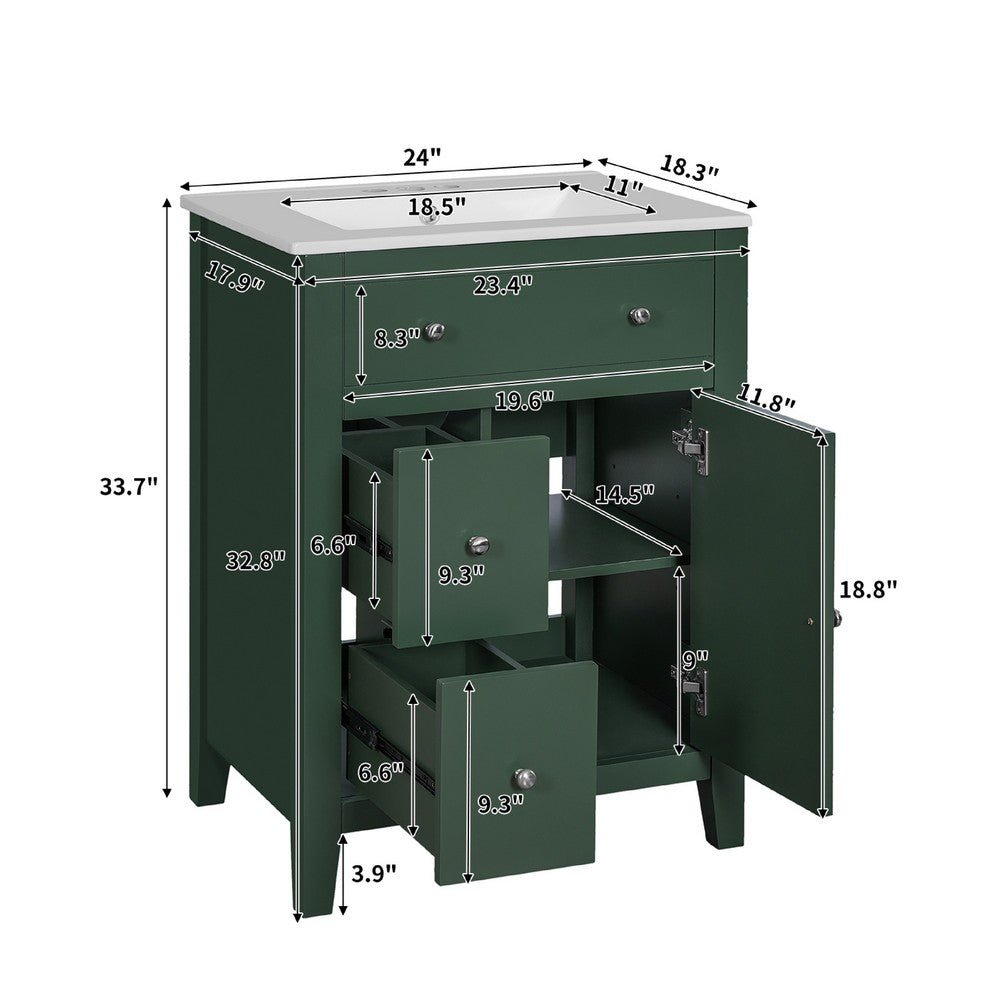 Ryla Bathroom Vanity with Ceramic Basin | 2 Drawers | 1 Door | Green 24"
