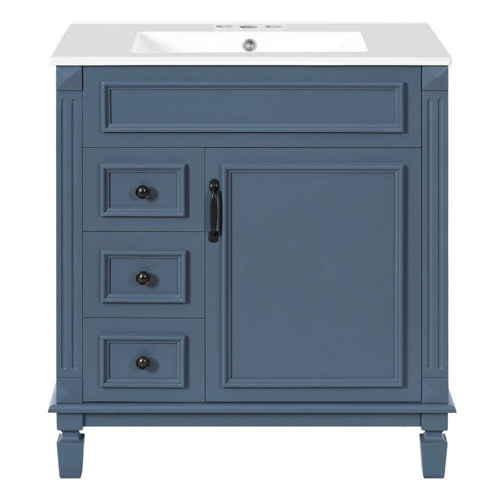 Castor Bathroom Vanity with Ceramic Sink | Drawers & Shelf | Blue Wood 30"
