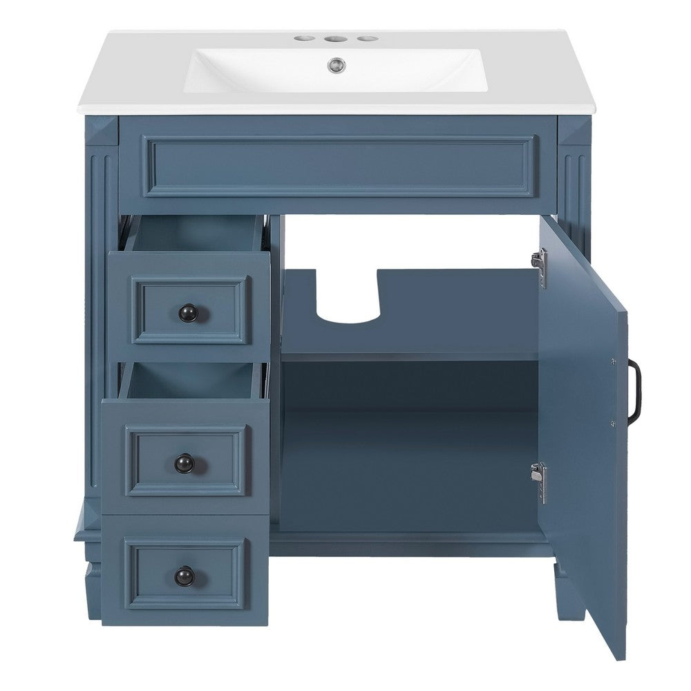 Castor Bathroom Vanity with Ceramic Sink | Drawers & Shelf | Blue Wood 30"
