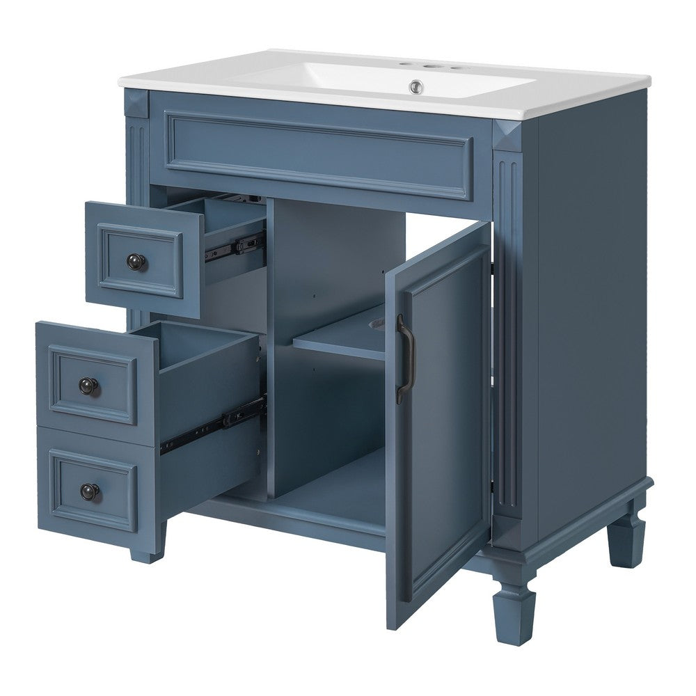 Castor Bathroom Vanity with Ceramic Sink | Drawers & Shelf | Blue Wood 30"
