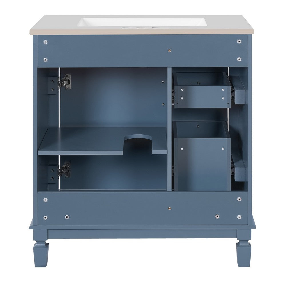 Castor Bathroom Vanity with Ceramic Sink | Drawers & Shelf | Blue Wood 30"