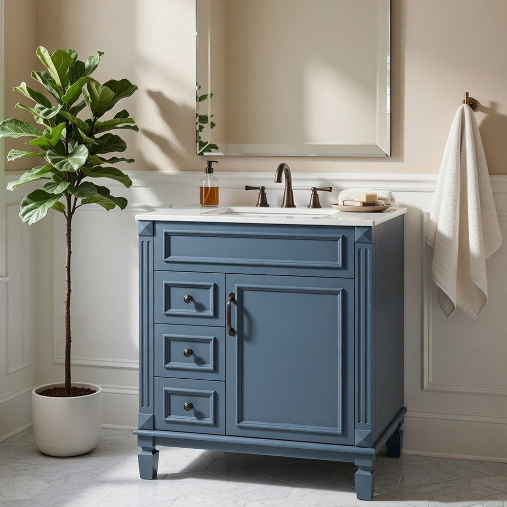 Castor Bathroom Vanity with Ceramic Sink | Drawers & Shelf | Blue Wood 30"