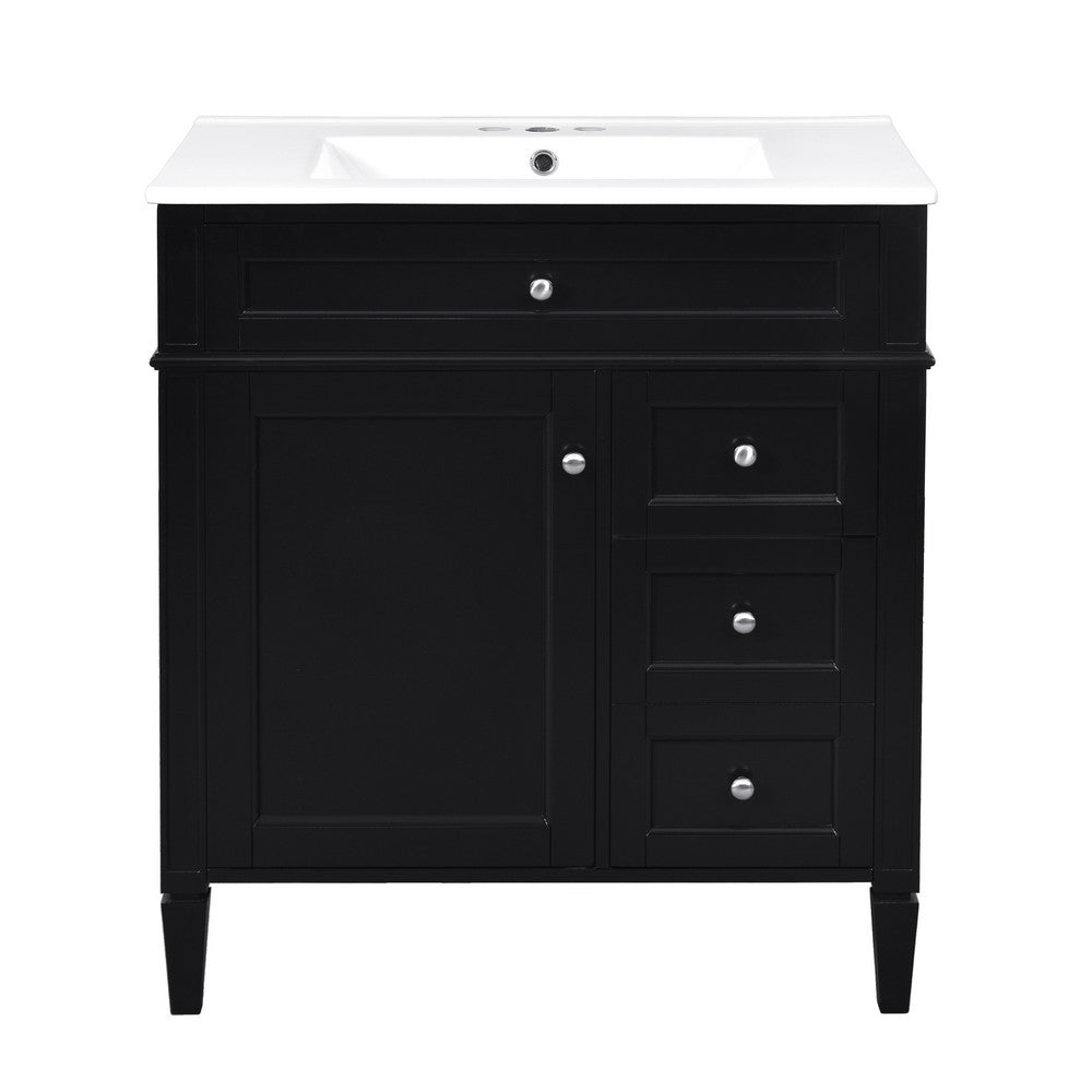 Roze Bathroom Vanity Cabinet with Ceramic Sink | 3 Drawer Black Wood 30"