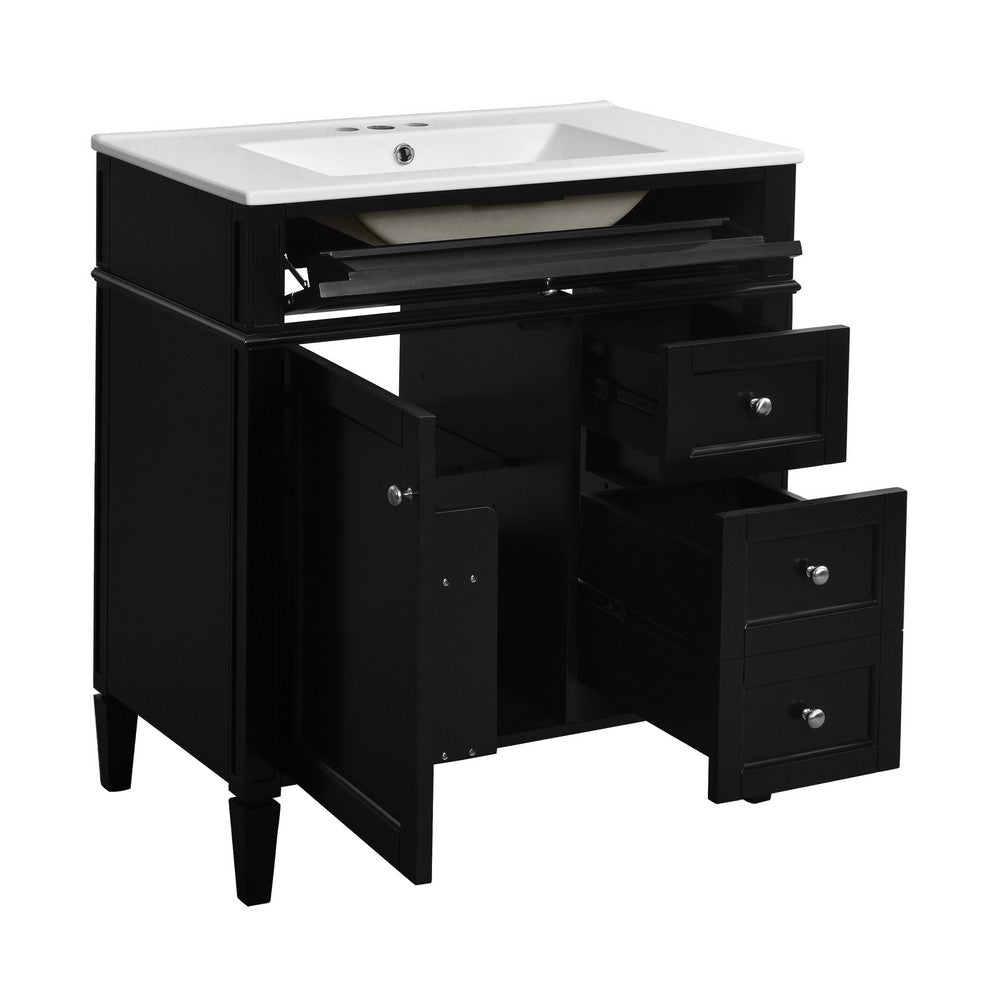 Roze Bathroom Vanity Cabinet with Ceramic Sink | 3 Drawer Black Wood 30"