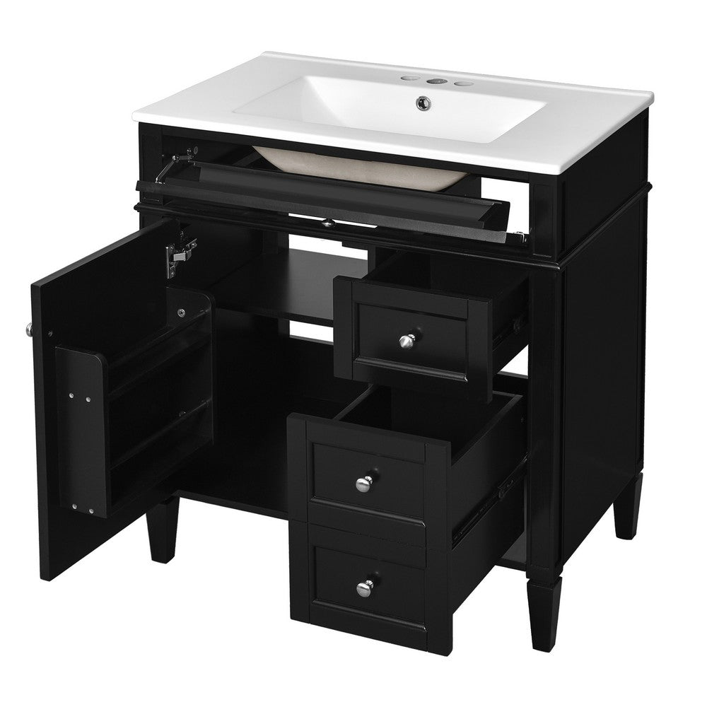 Roze Bathroom Vanity Cabinet with Ceramic Sink | 3 Drawer Black Wood 30"