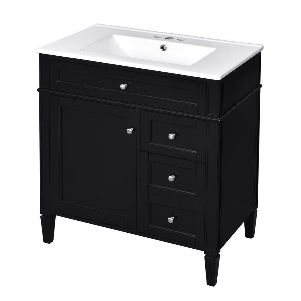 Roze Bathroom Vanity Cabinet with Ceramic Sink | 3 Drawer Black Wood 30"