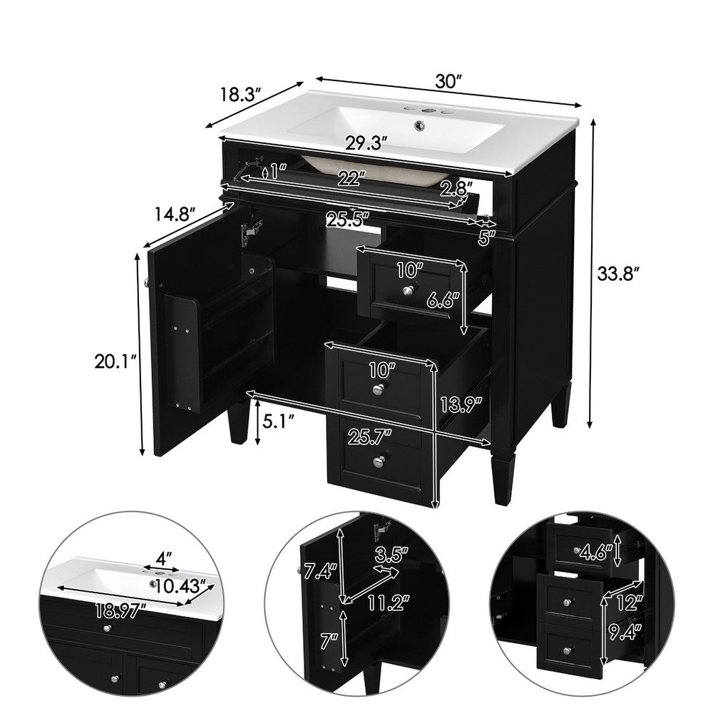 Roze Bathroom Vanity Cabinet with Ceramic Sink | 3 Drawer Black Wood 30"