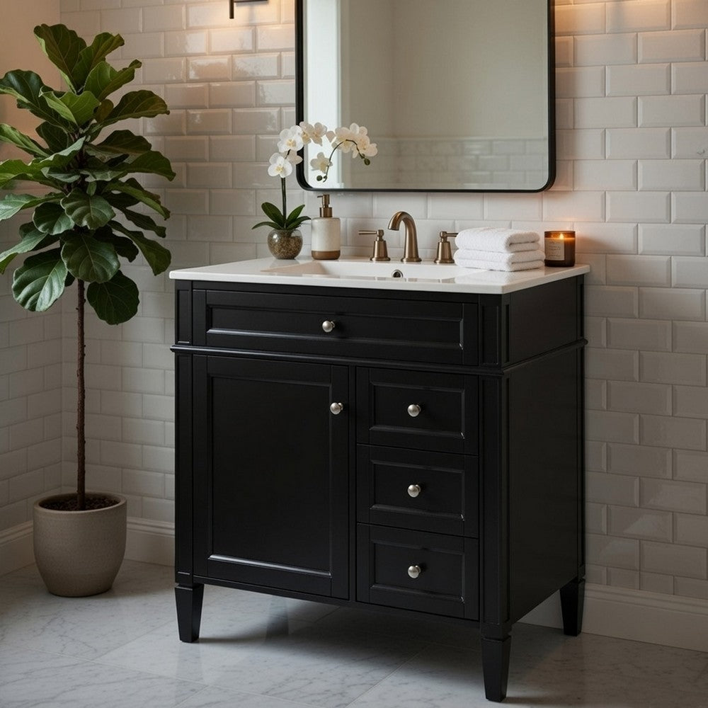 Roze Bathroom Vanity Cabinet with Ceramic Sink | 3 Drawer Black Wood 30"