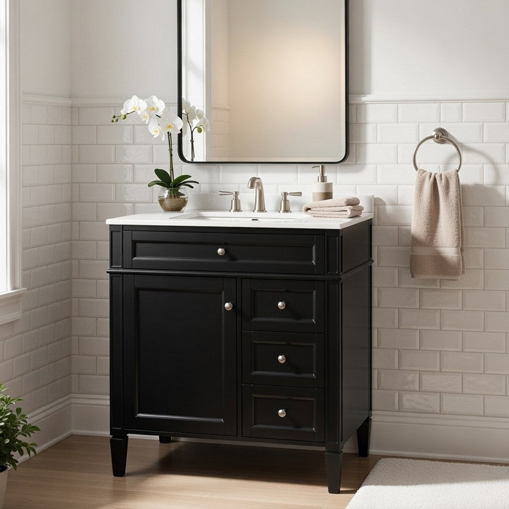 Roze Bathroom Vanity Cabinet with Ceramic Sink | 3 Drawer Black Wood 30"
