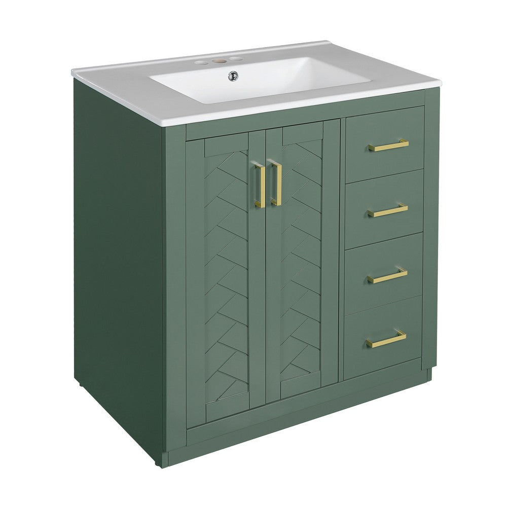 Sarba Bathroom Cabinet Vanity w Ceramic Sink | Gold Metal Green Wood 30"