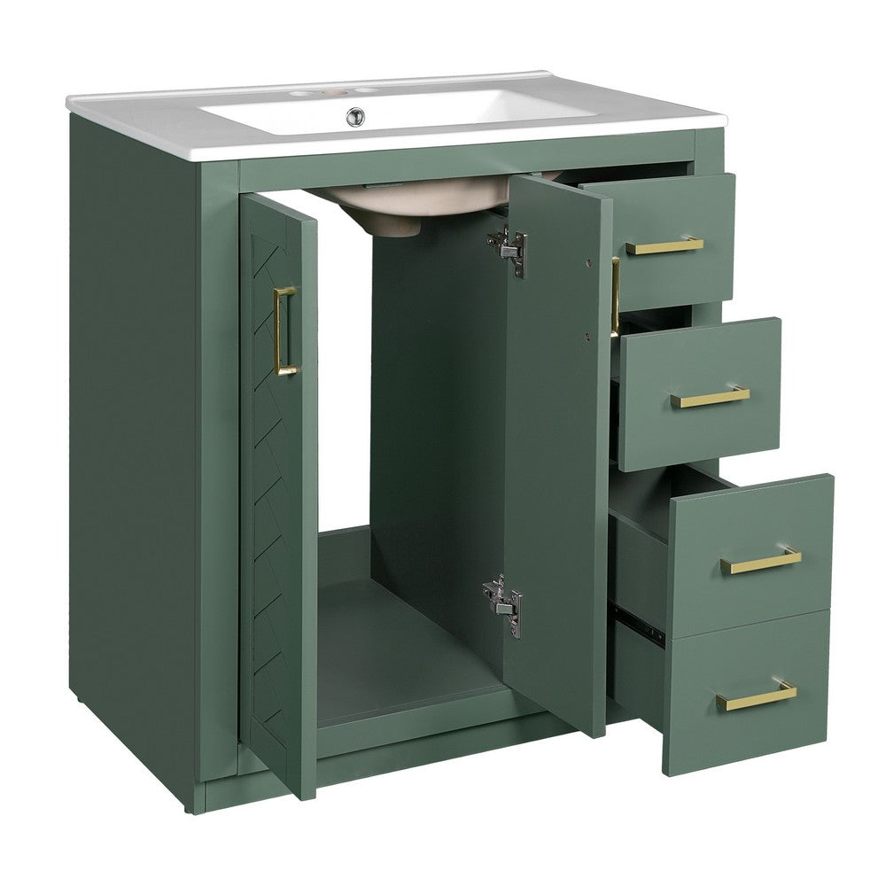 Sarba Bathroom Cabinet Vanity w Ceramic Sink | Gold Metal Green Wood 30"