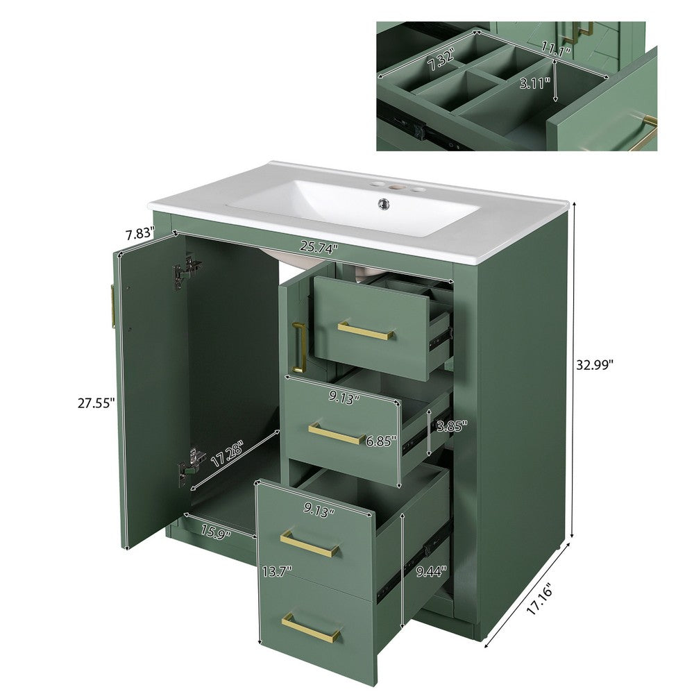 Sarba Bathroom Cabinet Vanity w Ceramic Sink | Gold Metal Green Wood 30"