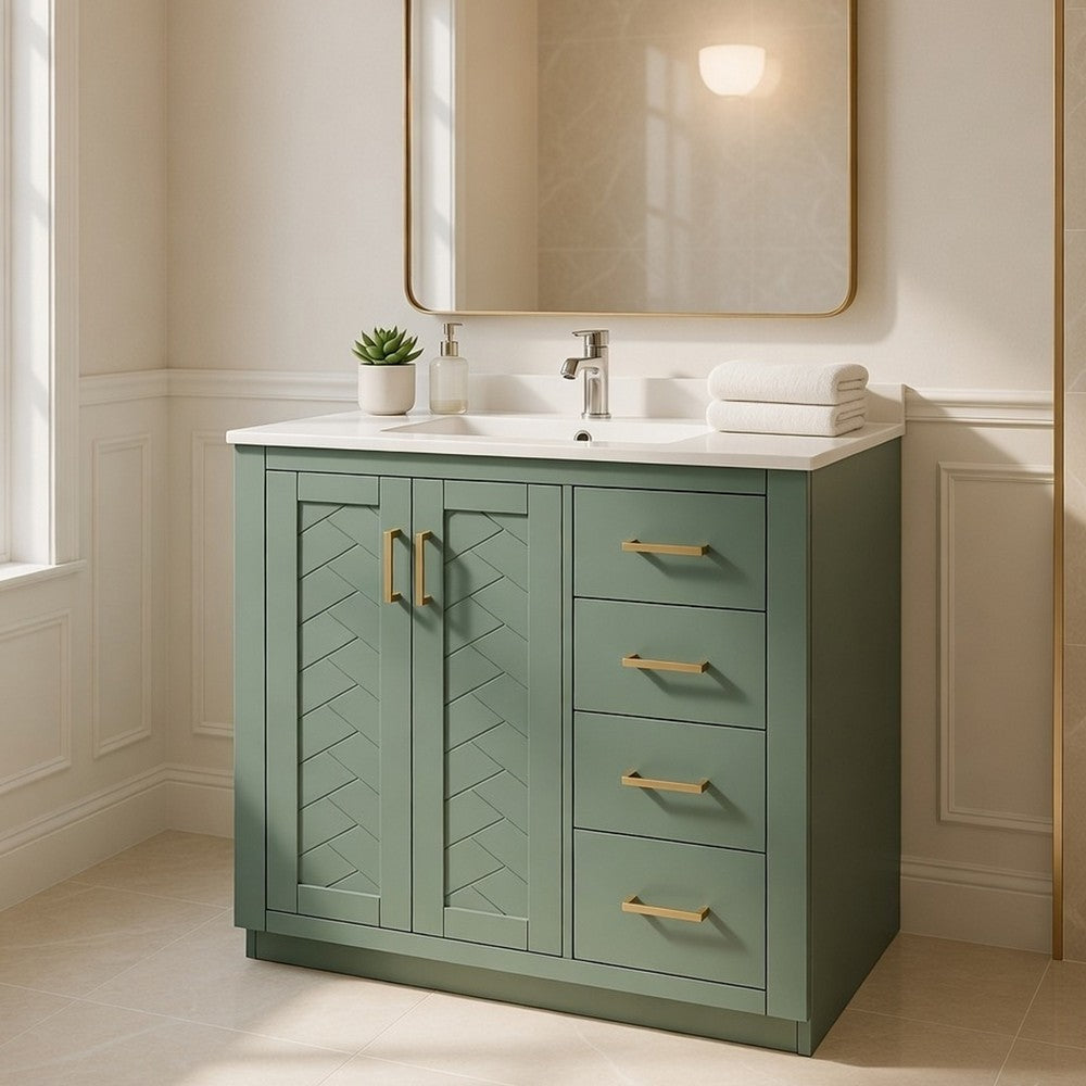 Sarba Bathroom Cabinet Vanity w Ceramic Sink | Gold Metal Green Wood 30"