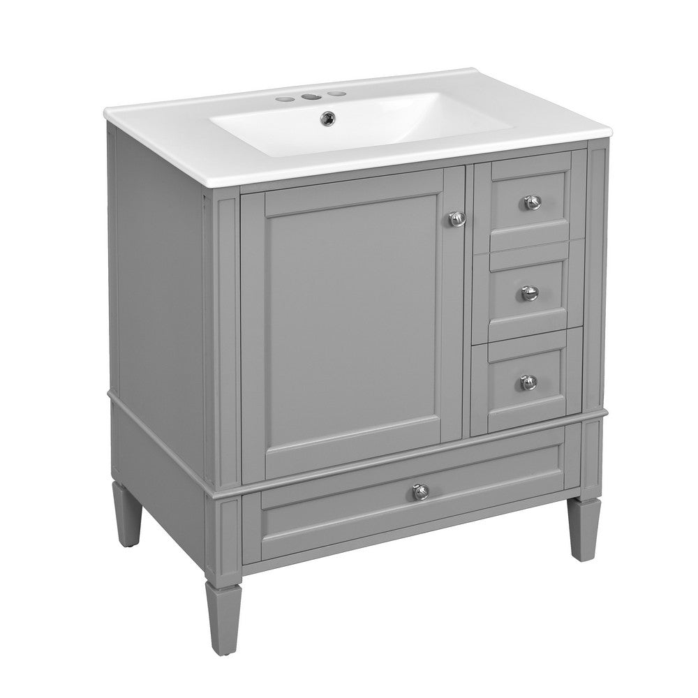 Cullen Ceramic Sink Bathroom Vanity Cabinet | 3 Drawers | Gray Wood 30"