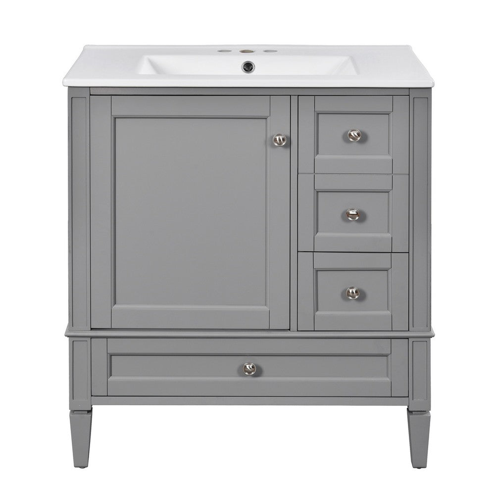 Cullen Ceramic Sink Bathroom Vanity Cabinet | 3 Drawers | Gray Wood 30"