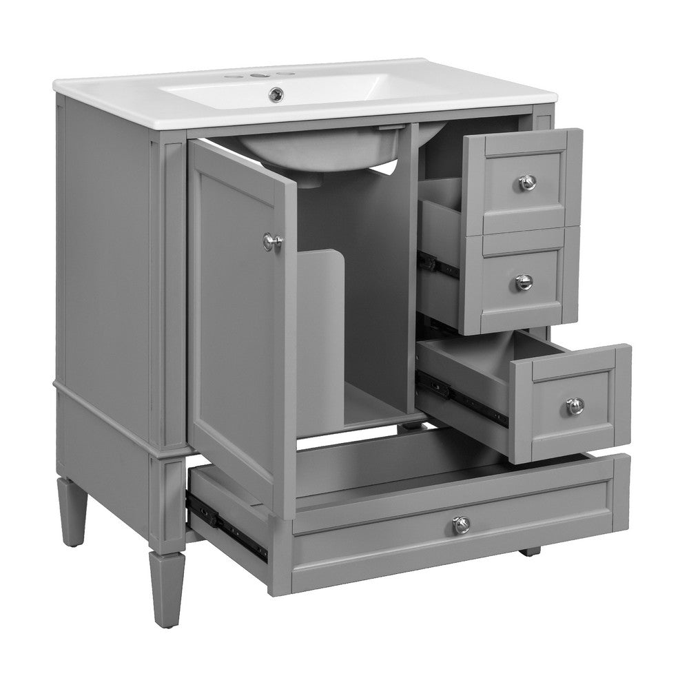 Cullen Ceramic Sink Bathroom Vanity Cabinet | 3 Drawers | Gray Wood 30"