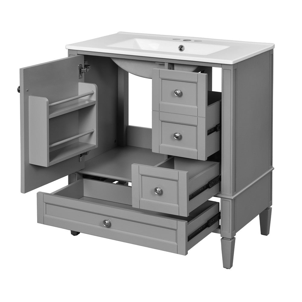 Cullen Ceramic Sink Bathroom Vanity Cabinet | 3 Drawers | Gray Wood 30"