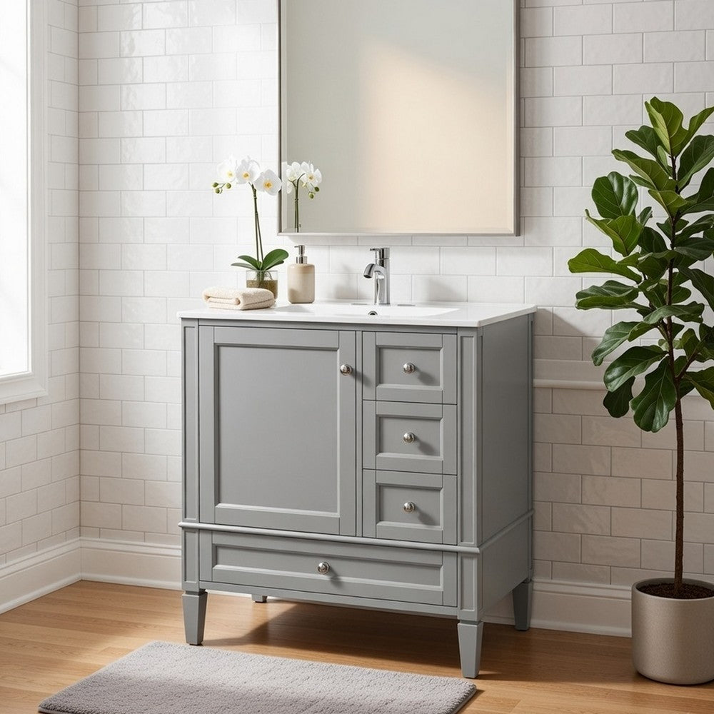 Cullen Ceramic Sink Bathroom Vanity Cabinet | 3 Drawers | Gray Wood 30"