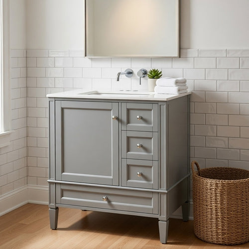Cullen Ceramic Sink Bathroom Vanity Cabinet | 3 Drawers | Gray Wood 30"