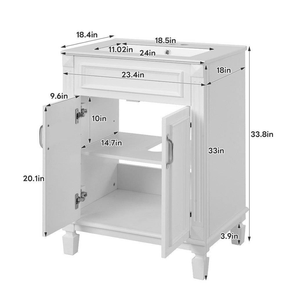 Azra Bathroom Vanity with Ceramic Sink | Soft-Close Doors | White Wood 24"