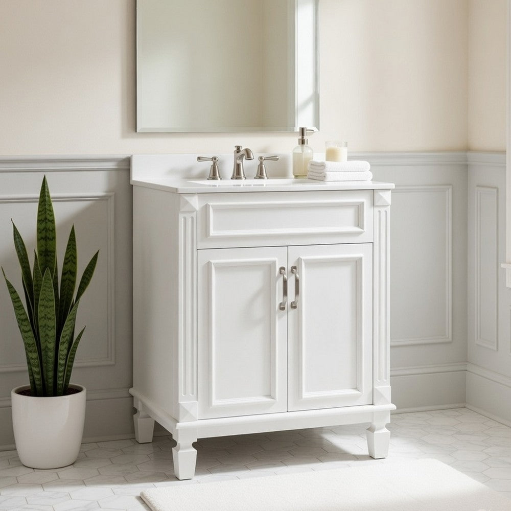Azra Bathroom Vanity with Ceramic Sink | Soft-Close Doors | White Wood 24"