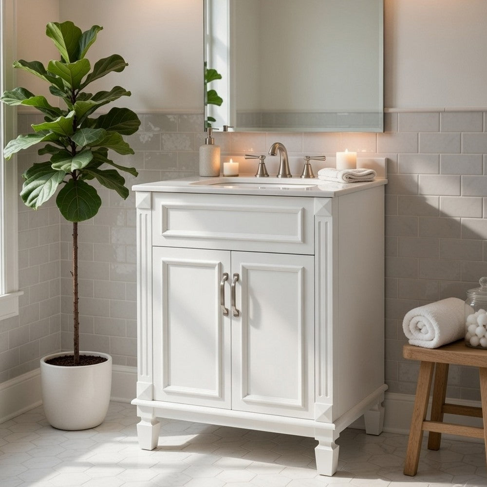 Azra Bathroom Vanity with Ceramic Sink | Soft-Close Doors | White Wood 24"