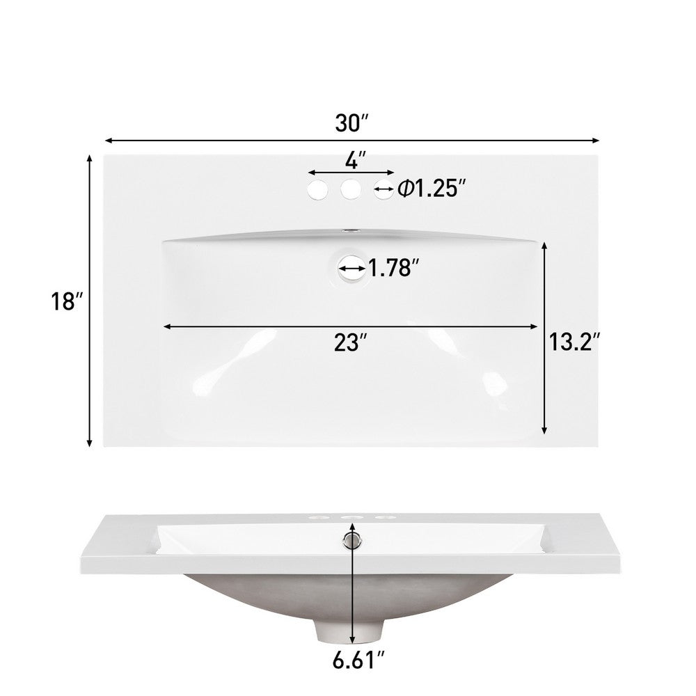 June Resin Vanity Top with Integrated Basin & Faucet Holes | White 30"